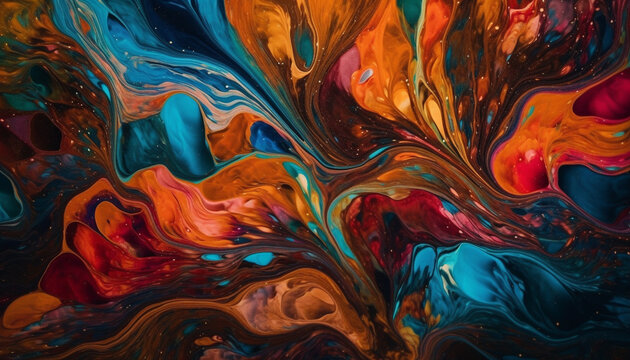 Vibrant acrylic painting blends chaotic marbled effect with smooth variation generated by AI