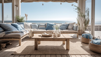 Modern luxury living room with comfortable blue sofa and elegant decor generated by AI