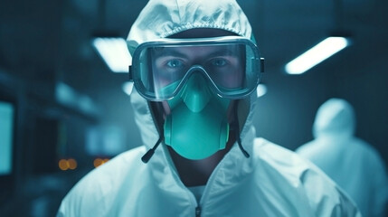 Generative Ai image of a person wearing protective goggles and a respirator