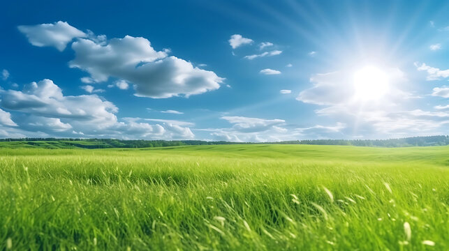 Blue sky and cloud with meadow, Plain landscape background for summer poster, Generative AI Technology 