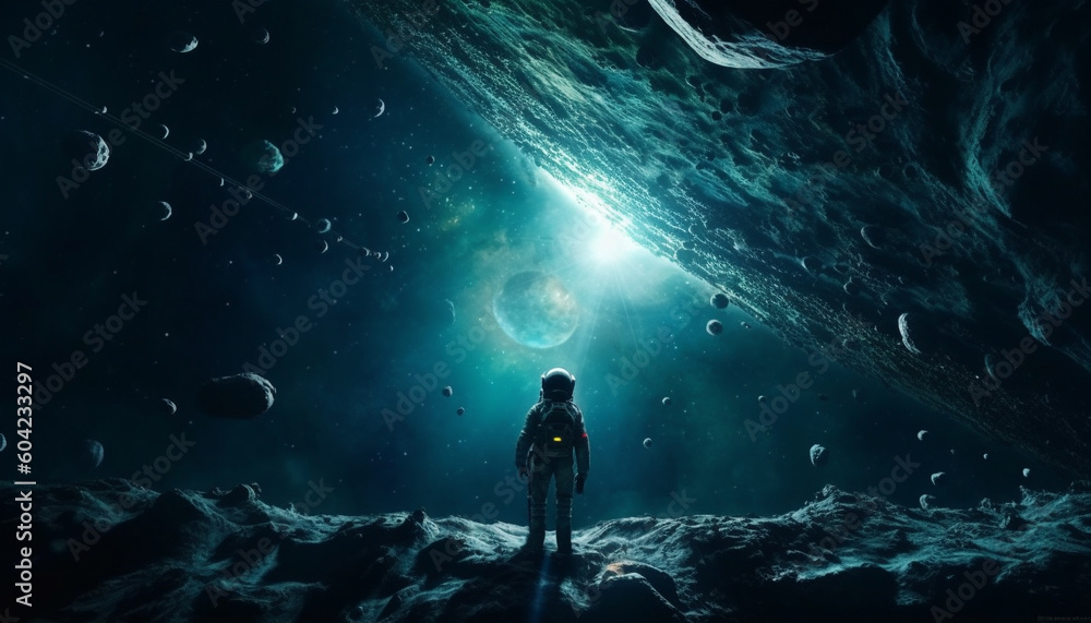 Poster silhouette of an astronaut standing in deep blue galaxy landscape generated by ai