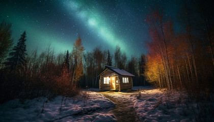 Spooky star trail illuminates abandoned winter hut in tranquil forest generated by AI