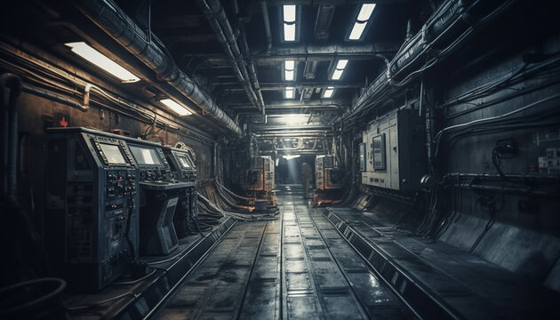 Abandoned old fashioned workshop, a vanishing point of obsolete machinery generated by AI