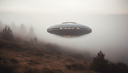 Fototapeta na wymiar Flying through foggy mountain range, a spooky adventure awaits generated by AI