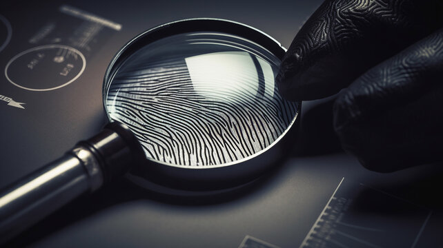 Detective Using A Magnifying Glass To View A Finger Print, A Crime Scene, Evidence Generative Ai Technology