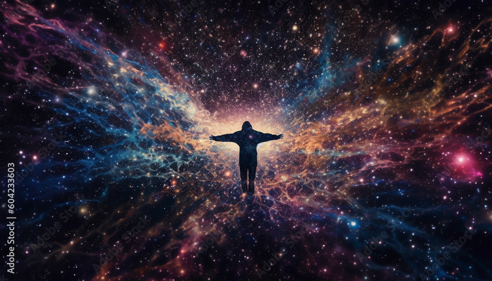 Poster exploring the deep galaxy, one person illuminated by star field generated by ai