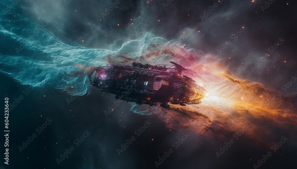 Poster futuristic spaceship orbits glowing nebula in deep galaxy adventure generated by ai