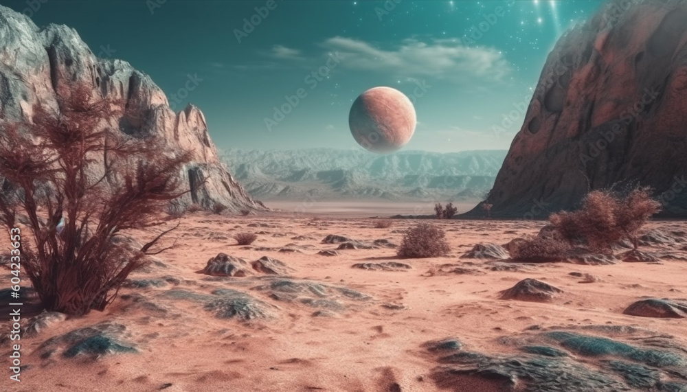 Poster exploring the majestic mountain range, orbiting a large sphere generated by ai