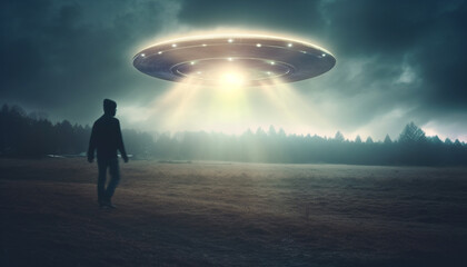 Futuristic spaceship flies through spooky galaxy, kidnapping one person generated by AI