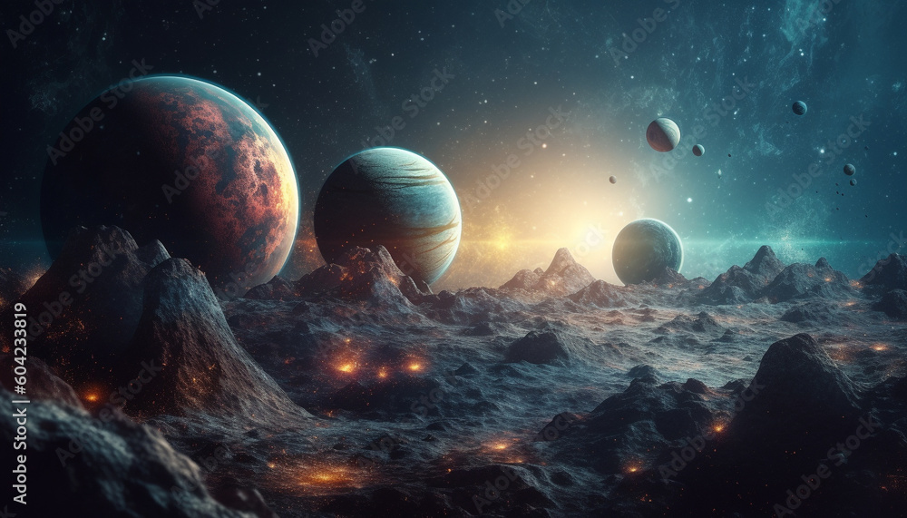 Poster spaceship orbiting planet in a galaxy of glowing nebulae generated by ai