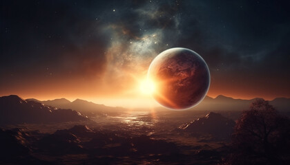 Fototapeta na wymiar Sunrise over majestic mountain range, orbiting sphere in futuristic illustration generated by AI