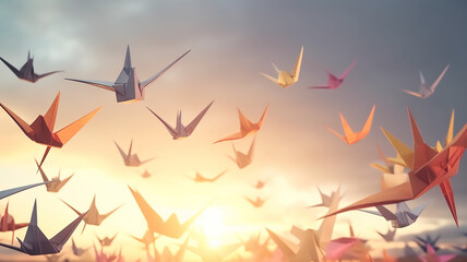 Paper origami birds fly in the sky, a symbol of freedom and hope  with generative ai technology