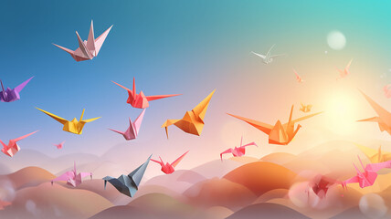 Paper origami birds fly in the sky, a symbol of freedom and hope  with generative ai technology - obrazy, fototapety, plakaty