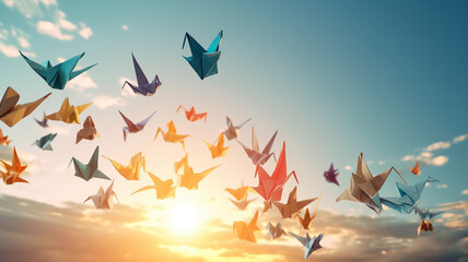 Paper origami birds fly in the sky, a symbol of freedom and hope  with generative ai technology - obrazy, fototapety, plakaty