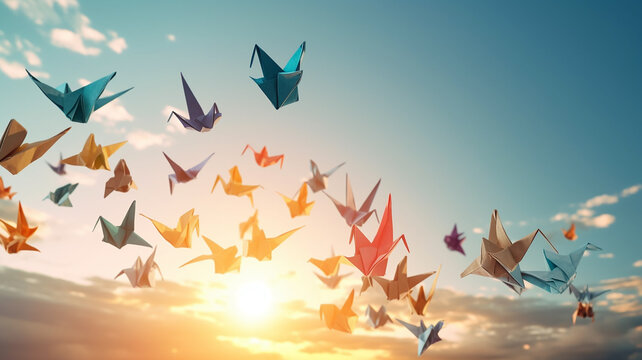 Paper origami birds fly in the sky, a symbol of freedom and hope  with generative ai technology