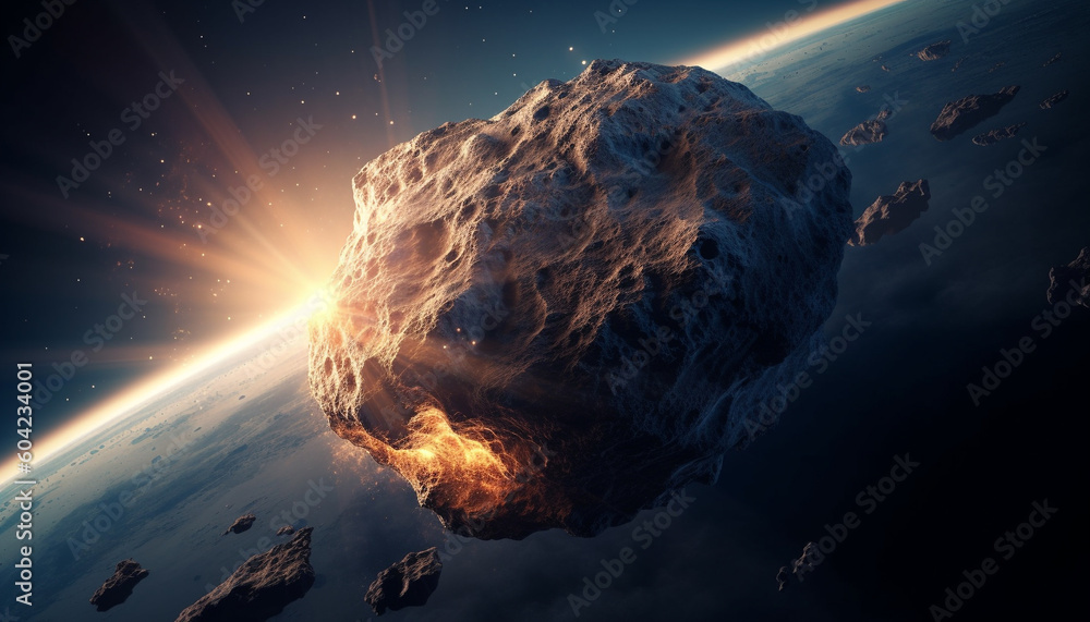 Poster spaceship orbits planet in galaxy starry night sky, exploring deep generated by ai