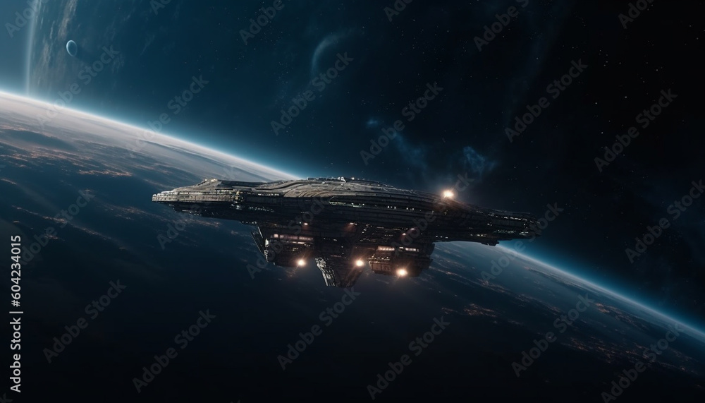 Poster futuristic spaceship orbits planet in galaxy, exploring nature mysteries generated by ai