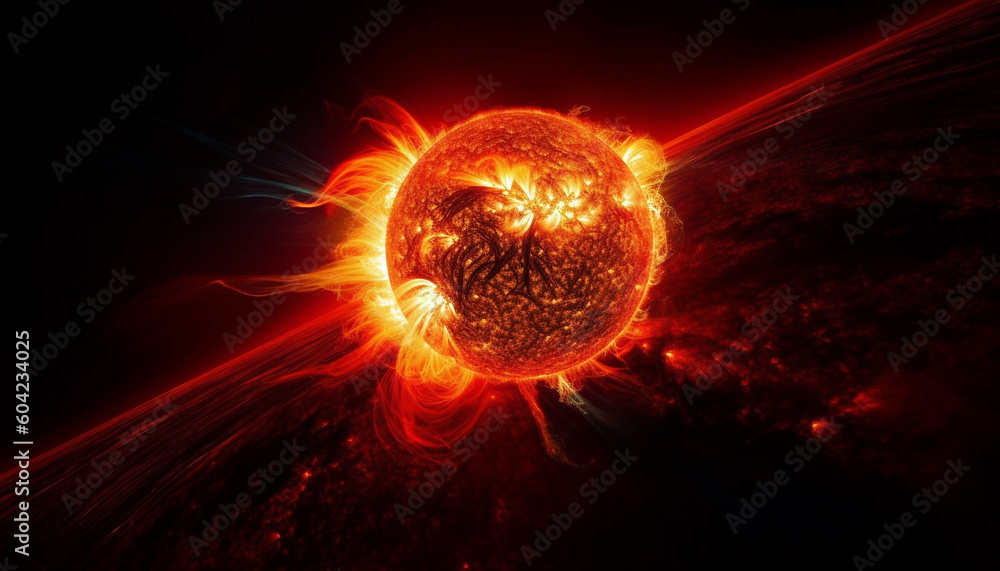 Poster futuristic spaceship orbits glowing planet in deep space galaxy generated by ai