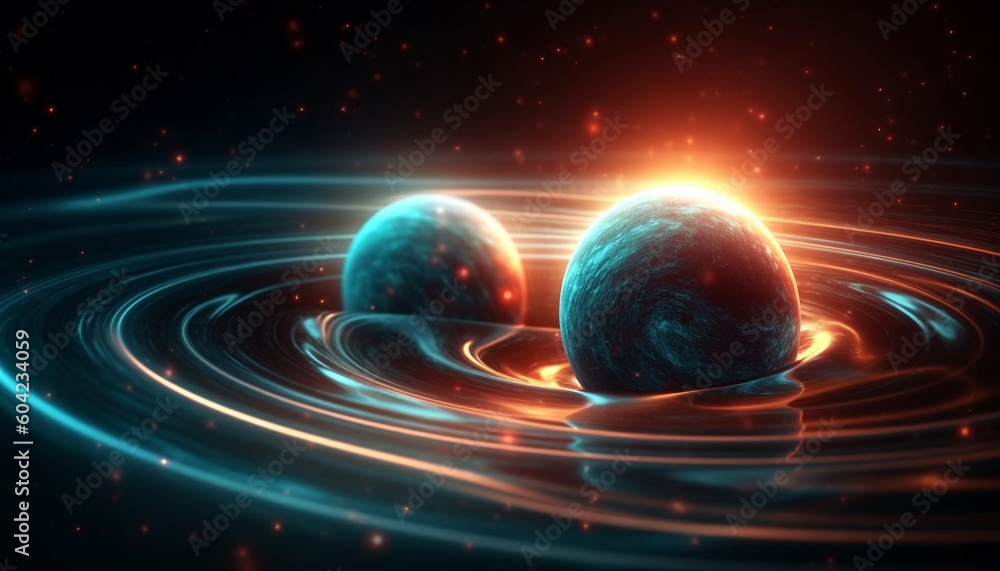 Poster alien spaceship orbits glowing sphere in abstract galaxy illustration generated by ai