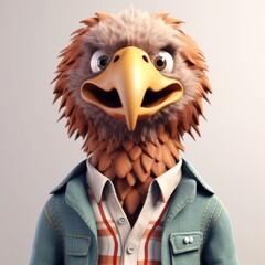 3D cartoon eagle portrait wearing clothes, standing in front, studio lights, generative ai