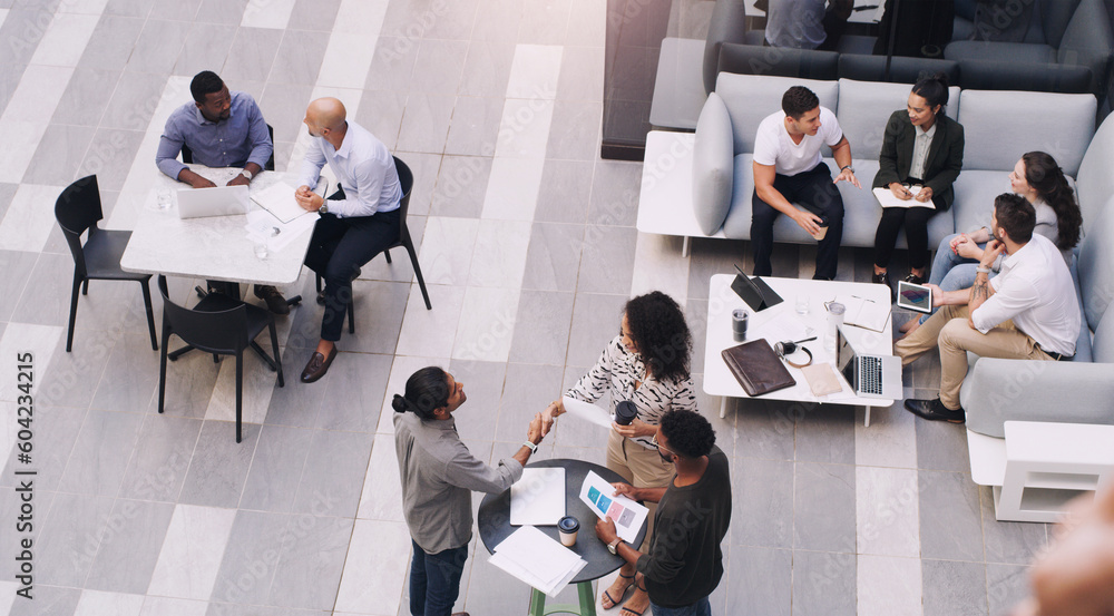 Poster top view, businesspeople talking and meeting at a conference at their office space. diversity at wor