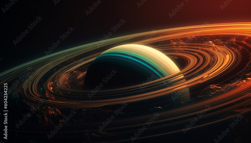 Poster futuristic spaceship orbits glowing star in abstract computer generated galaxy backdrop generated by