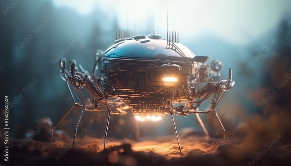 Poster futuristic robotic spaceship flies through galaxy, powered by advanced technology generated by ai
