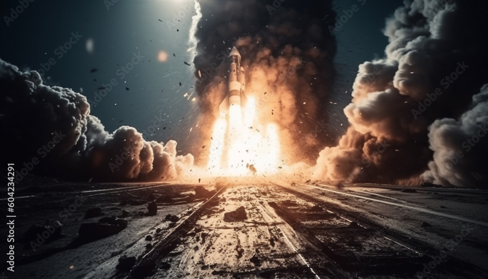 Poster futuristic spaceship explores abstract galaxy, damaged by exploding star generated by ai