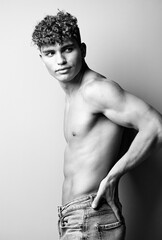 Fototapeta premium man athletic stylish studio torso adult muscle background body athlete shirtless black and white