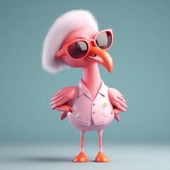 3D cartoon flamingo bird portrait wearing clothes, standing in front, studio lights, generative ai