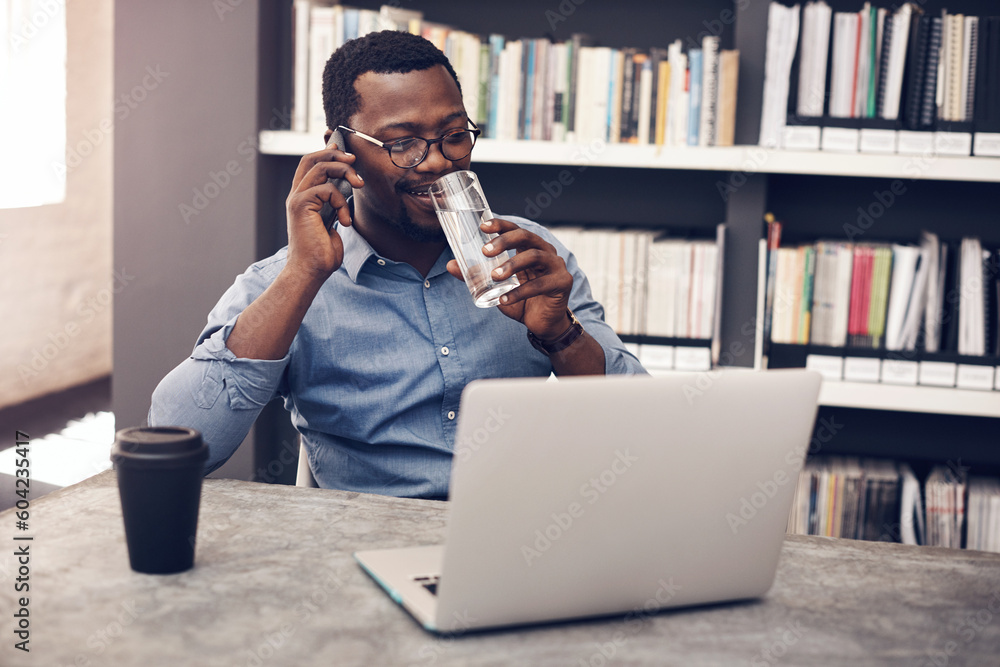 Aufkleber Drinking water, architect and black man with computer on a call with digital information in office. Company employee, architecture worker and African male person with mobile communication and smile