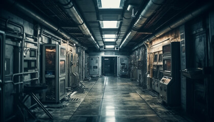 Abandoned factory, old fashioned machinery, spooky atmosphere, dimly lit corridors generated by AI