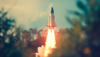Fototapeta premium The rocket flame ignites as it takes off into space generated by AI