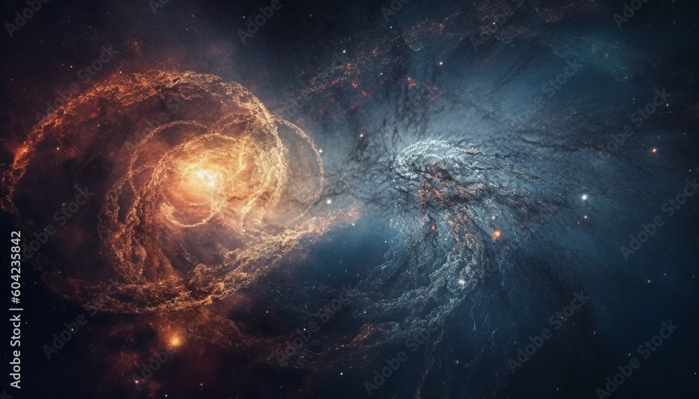Poster levitation in deep space, illuminated by glowing abstract patterns generated by ai