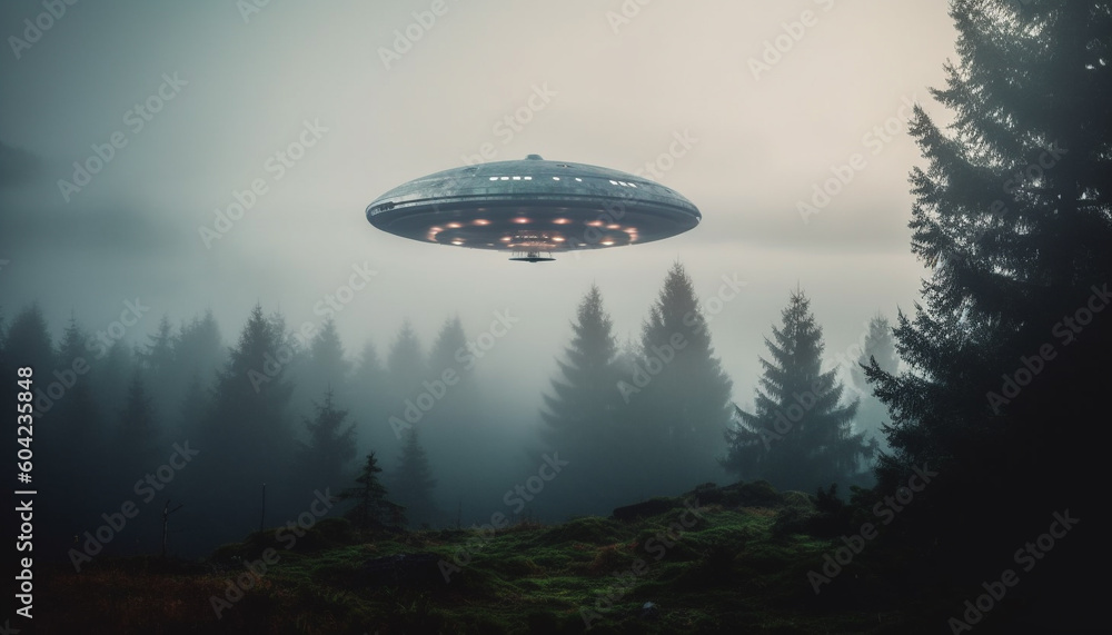 Poster futuristic spaceship hovering in mysterious galaxy, a fantasy discovery generated by ai