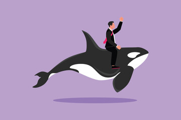 Obraz premium Graphic flat design drawing brave businessman riding huge dangerous orca. Professional entrepreneur character fight with predator. Successful business man metaphor. Cartoon style vector illustration