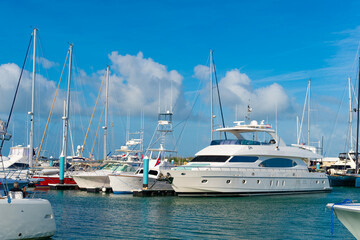 Fototapeta premium private yacht at seaside harbour for vacation. photo of yacht at seaside harbour.