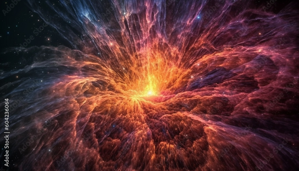 Poster a vibrant, illuminated galaxy explodes with abstract, futuristic technology generated by ai