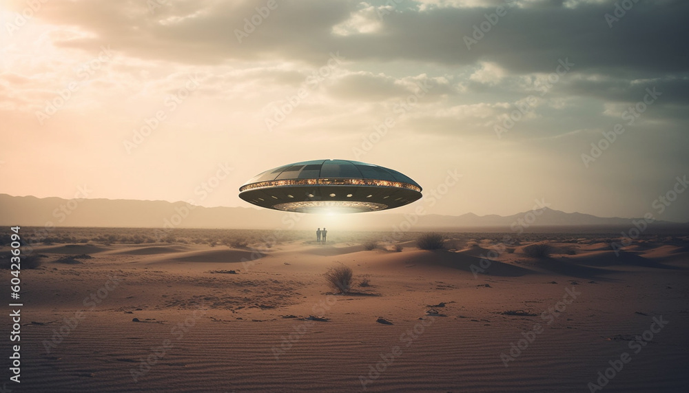 Poster futuristic spaceship flying through mysterious galaxy, exploring alien environments generated by ai