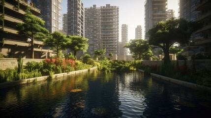 Modern urban residential area landscape. Created with Generative AI technology. 