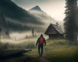 man walking in misty mountains to wooden cabin