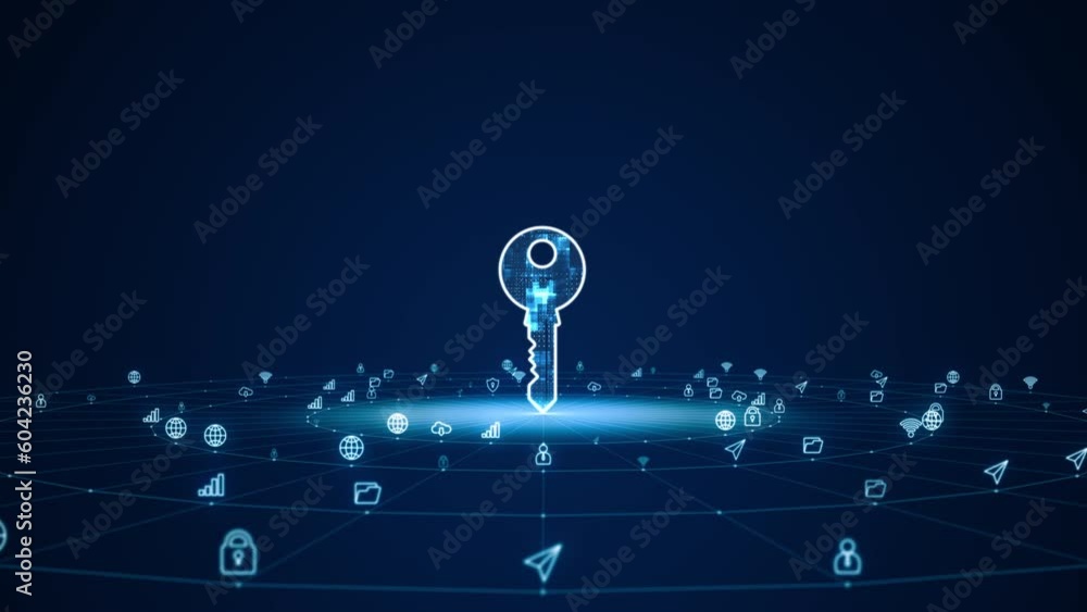 Fototapete motion graphic of blue digital security key logo with futuristic technology icon and line connection