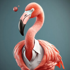 3D cartoon flamingo bird portrait wearing clothes, standing in front, studio lights, generative ai