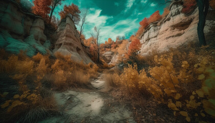 A tranquil scene of nature beauty mountain, forest, and cliff generated by AI