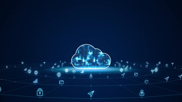 Motion graphic of Blue digital cloud computing logo with futuristic technology ai icon and line connection with circle rotation on abstract background storage big data backup concepts
