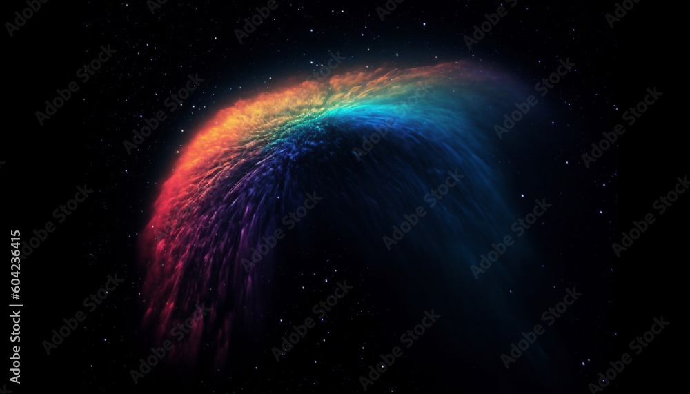 Poster exploding galaxy illuminates night sky with vibrant multi colored star patterns generated by ai