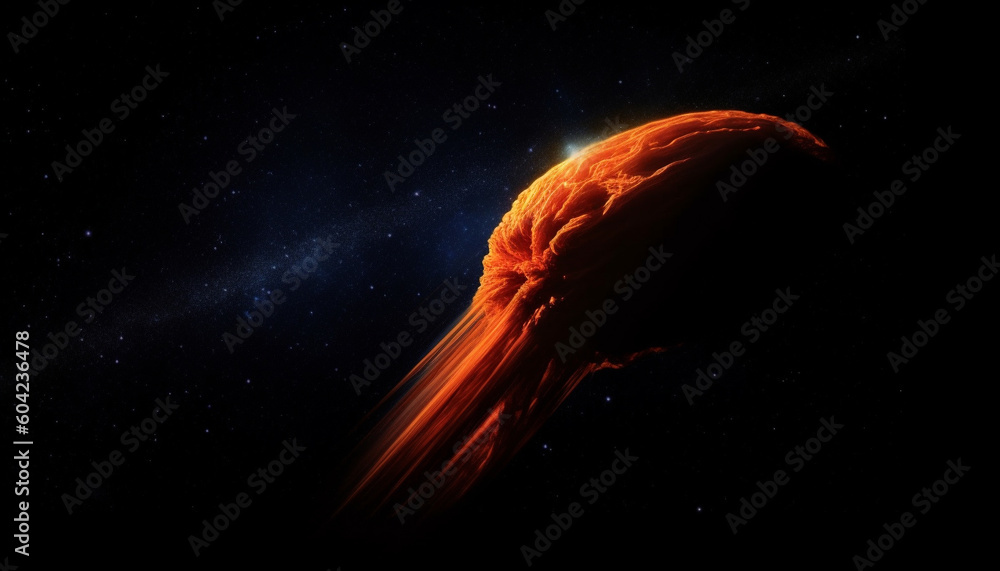 Poster exploding fireball orbits galaxy, asteroid speeds through star field generated by ai