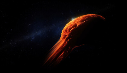 Exploding fireball orbits galaxy, asteroid speeds through star field generated by AI