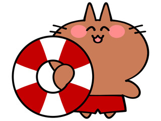 浮き輪を持った海パンにゃんこイラスト素材