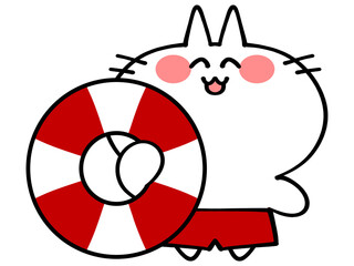 浮き輪を持った海パンにゃんこイラスト素材